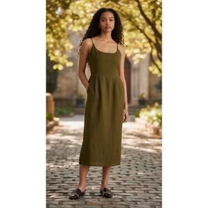 Quince Women's Size M 100% European Linen Scoop Neck Midi Dress Martini Olive